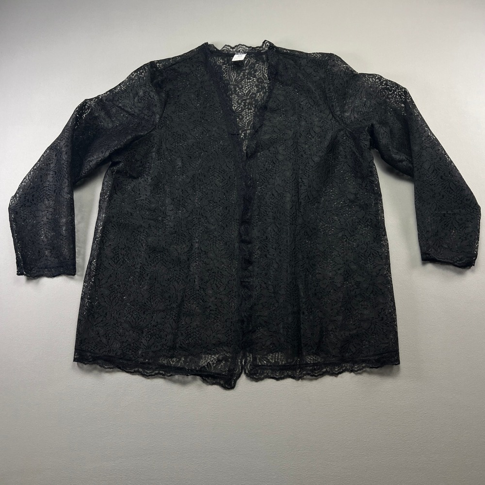 Vintage Lane Bryant Cardigan Women 40 Black Sheer Floral Lace Overlay Open Front